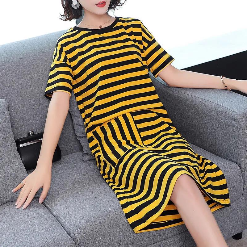Cotton Fabric Loose Mid-length Striped Pocket T-shirt Skirt Covering The Flesh and Slimming Short-sleeved Dress Women's Loose Striped Straight Dress