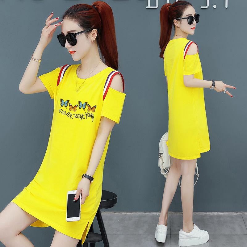 Cotton Fabric Dress Summer Loose Short-sleeved Mid-length T-shirt Women's Off-shoulder Skirt Round Neck Short-sleeved Loose Casual Straight Skirt