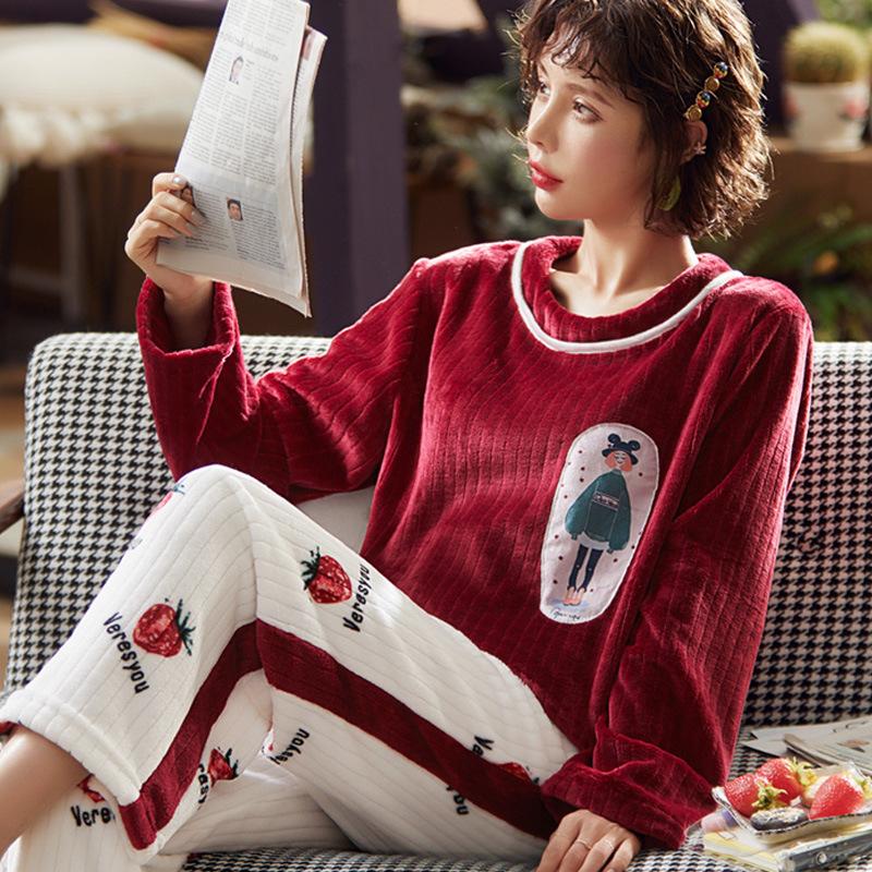 Women's Pajamas Set Winter Pyjamas Suit Thick Warm Sleepwear Long Sleeve Pullover Nightwear Cute Coral Flannel Casual Loose Home Wear Tops Pants