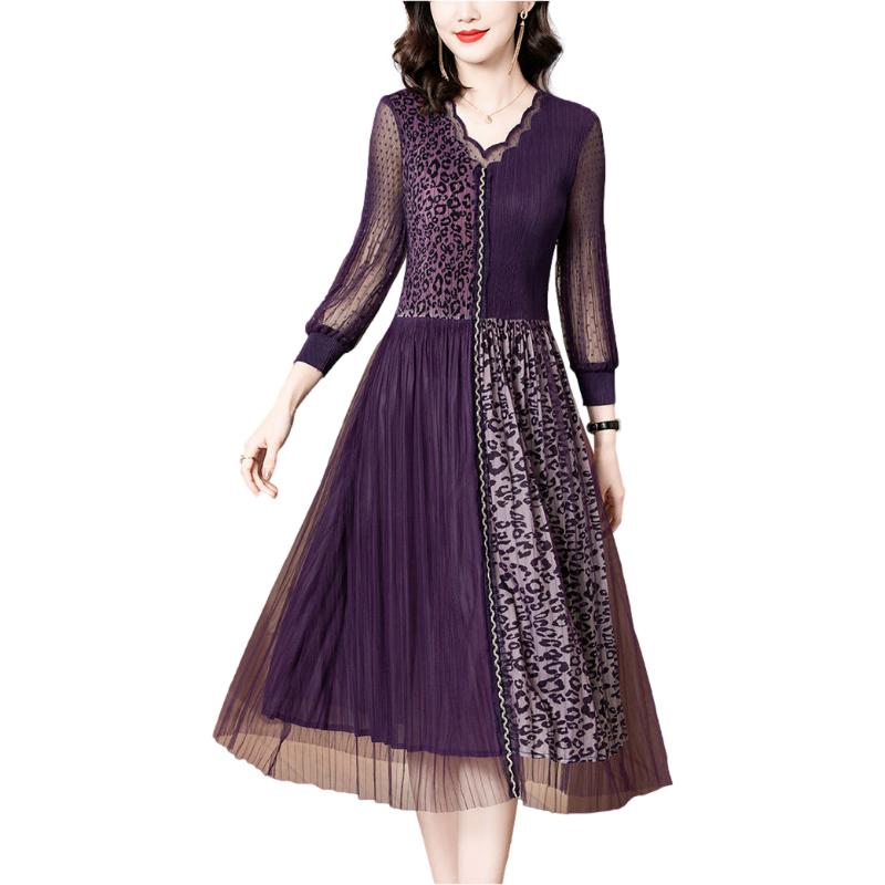 Lace Dress Female Spring Summer V-neck Leopard Print Over The Knee Long Skirt Purple Dress Mid-length Casual Large Size