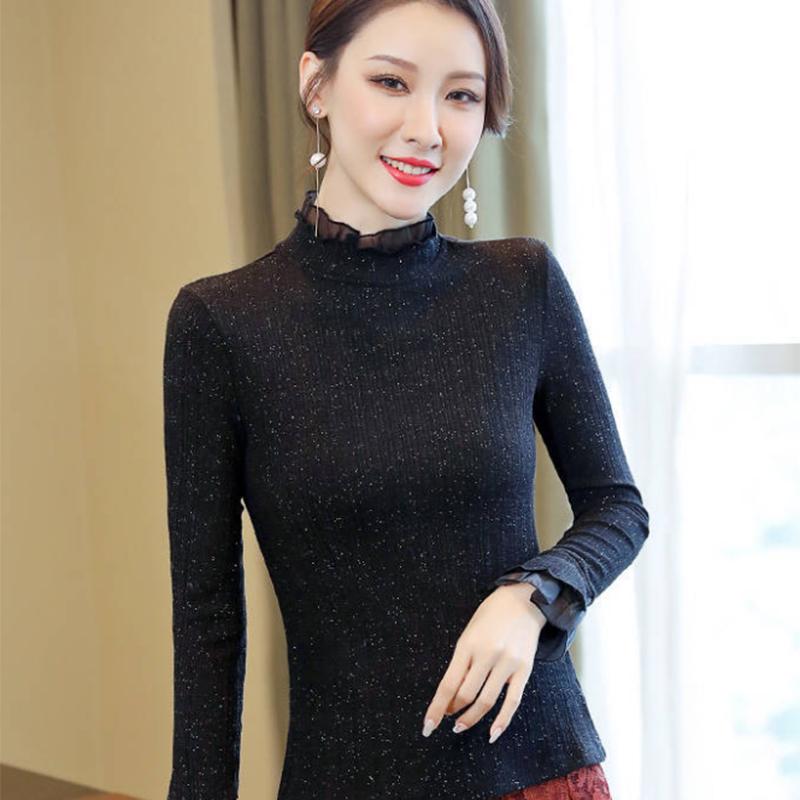 Pofulove  Women's Lace Sweater Women's Wild Slim Fit Plus Velvet Winter Long-sleeved Blouse