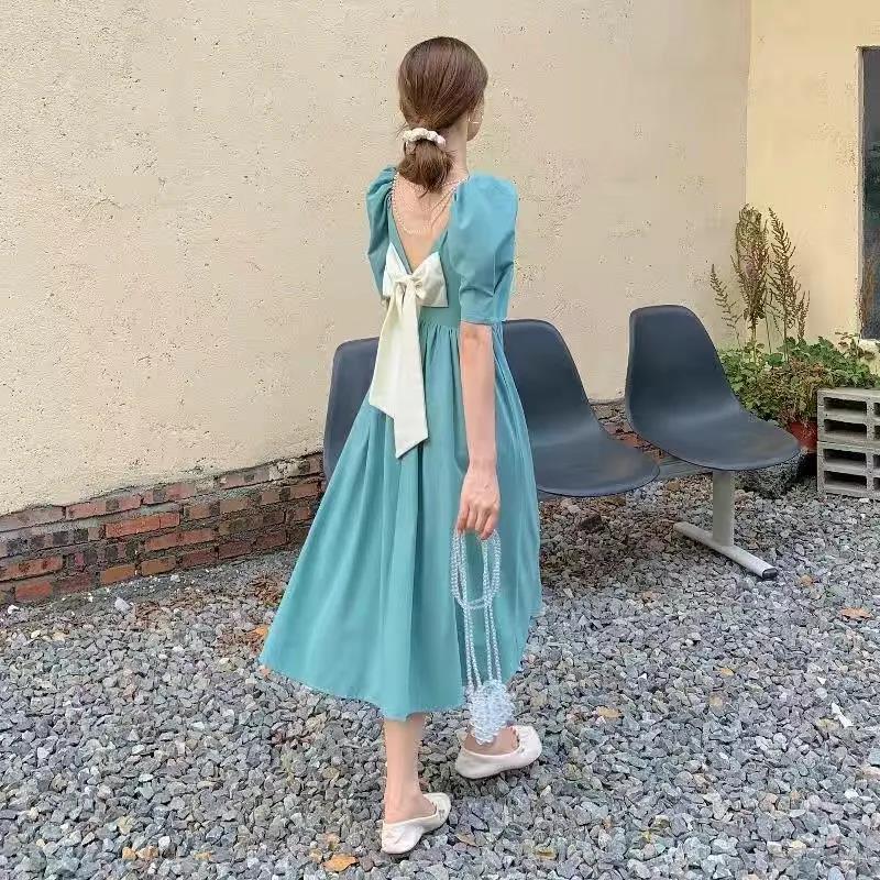 Women's Summer Long Dress Square Neck Slim Puff Sleeve Solid Color Skirt