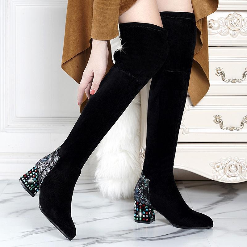 Women's Thick Heel Over Knee Boots High Heel Elastic  Boots Autumn  Winter Plus Fleece High Boots