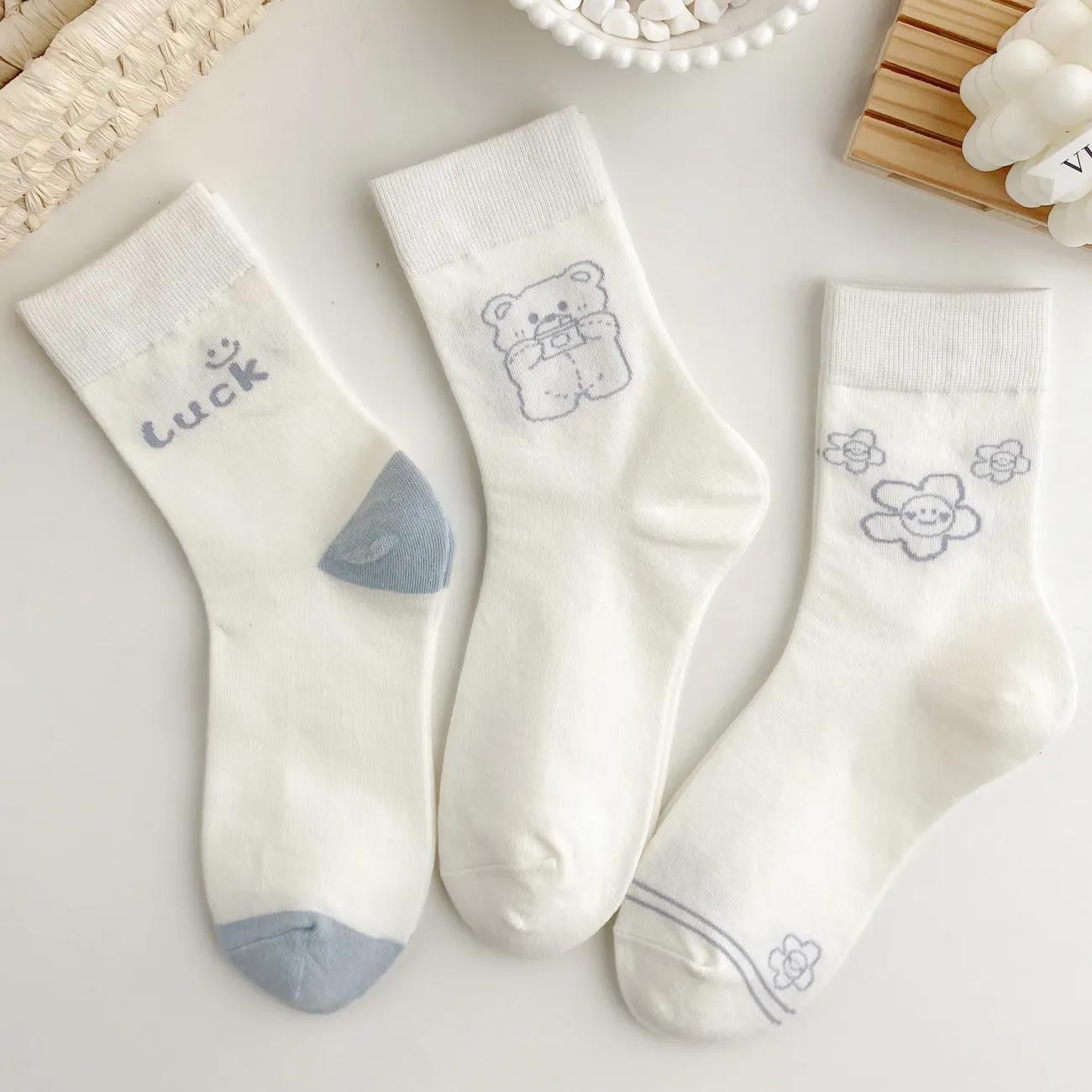 Three Pairs of Women's Tube Socks Pure Cotton Blue Couple Socks Blue College Style Socks