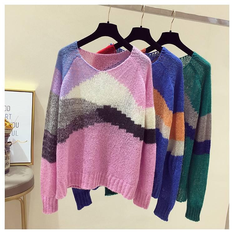 Pofulove Sweater Women's Spring Autumn Thin Pullover Long-sleeved Sweater Loose Lazy chic Blouse