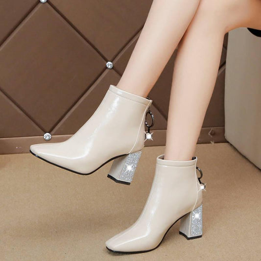 Fashion Women Martin Boots Zip Casual Boots Pointed Toe High Square Heel Warm Women Ankle Boots Size
