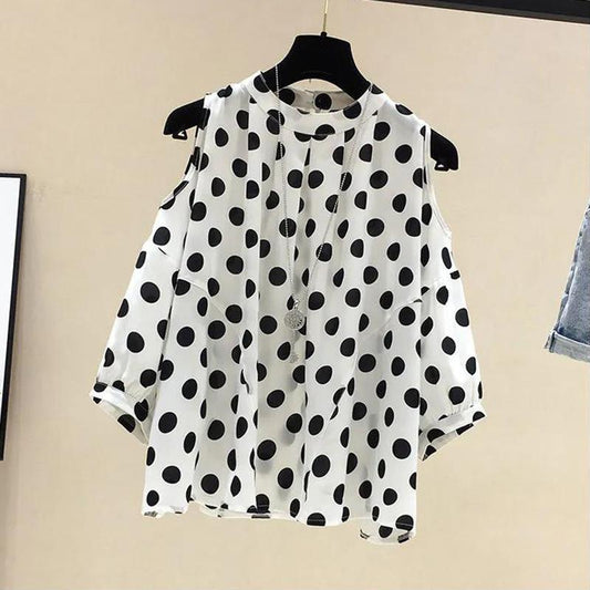 Off-the-shoulder Short-sleeved Chiffon Shirt Large Size Loose and Thin Cover Belly Top Wave Point Off-shoulder Short-sleeved Chiffon Shirt for Ladies