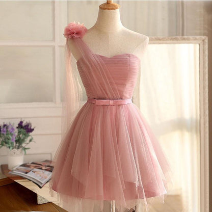 Fashion Solid Tulle One Shoulder Bandage Short Formal Wedding Evening Party Prom Bridesmaid Dress