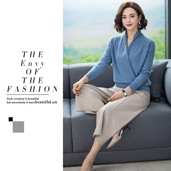 Women's Solid Color Woollen Sweater Loose Plus Size Cross V-neck Sweater Pullover Wool Knit Jumper