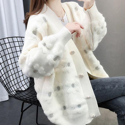 Mid-length Autumn and Winter Top Loose Casual Knit Cardigan Long-sleeved V-neck Sweater