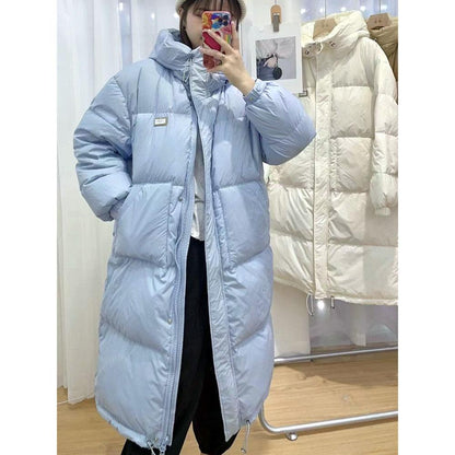Korean Version of Simple and Versatile Small Hooded Down Jacket Women's Long Over-the-knee White Duck Down Warm and Thin Coat In Winter