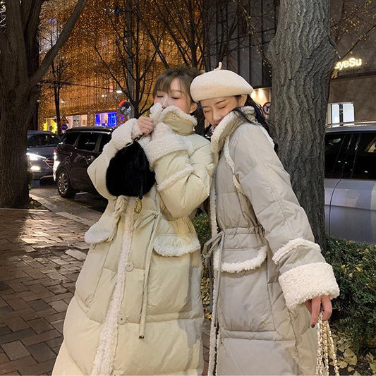 Down Jacket Women Winter Lamb Hair Stitching Mid-length White Duck Down Down Jacket Waist Slimming Winter Warm Thick Coat