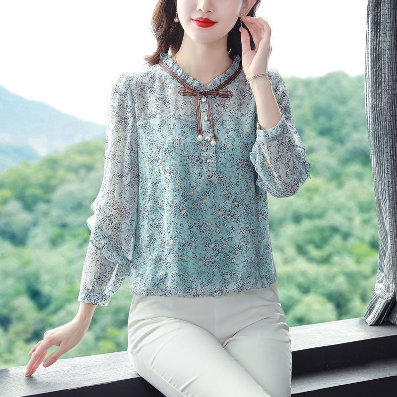Floral High-end Chiffon Shirt Top Women's Large Size Small Shirt Fashion Temperament Long Sleeves