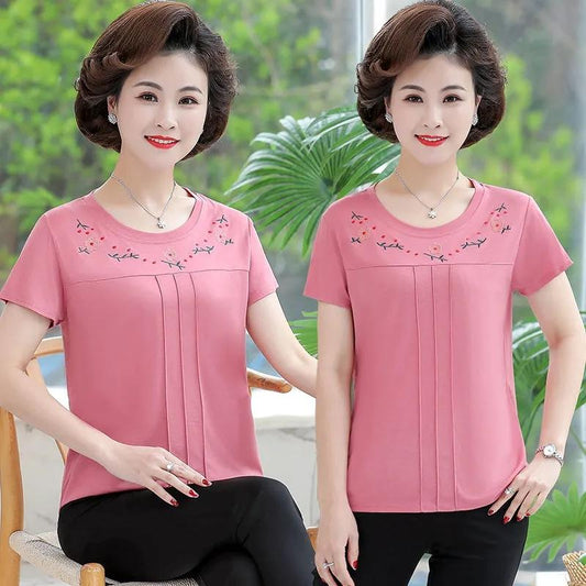 Embroidered Short-sleeved T-shirt Middle-aged and Elderly Women's Large Size Loose Bottoming Shirt Women's Short-sleeved Summer Top