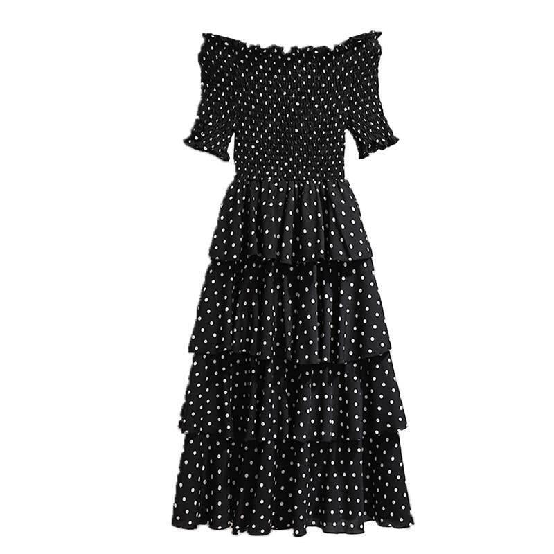 Plus Size Polka Dot Layered Dress Slash Neck Off-shoulder Party Evening Dress Summer