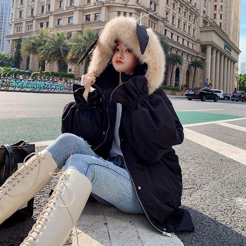 Winter Ruffled Thickened Women's Cotton-padded Jacket Mid-length Fur Collar Hooded Cute Rabbit Ears Cotton-padded Jacket Fashion Warmth Parka Coat