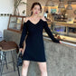XXXXL Plus Size Women's Clothing Chain Sexy Babes Sling Dress Hollow Out Strapless Long Sleeve V-neck Black Skirt
