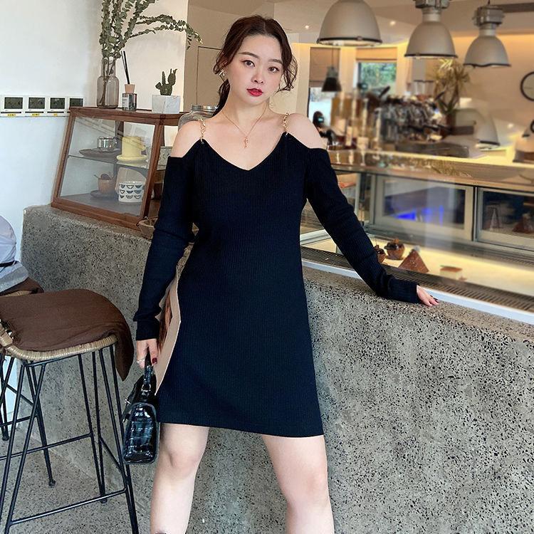 XXXXL Plus Size Women's Clothing Chain Sexy Babes Sling Dress Hollow Out Strapless Long Sleeve V-neck Black Skirt