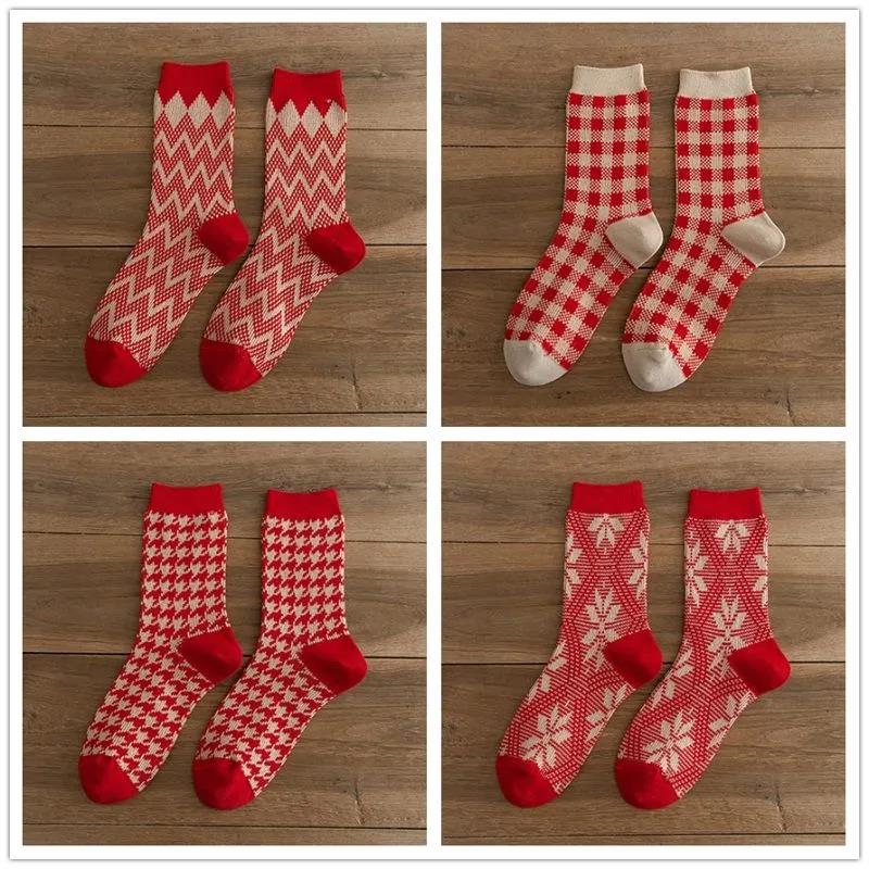 Winter Ladies Red Socks In Tube Warm Cotton Printed Socks Christmas Socks Gifts