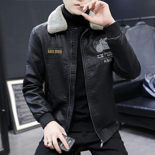Leather Jacket Winter Plus Velvet Thickening Men's Korean Style Self-cultivation Trendy Youth Casual Fashion Tooling Jacket