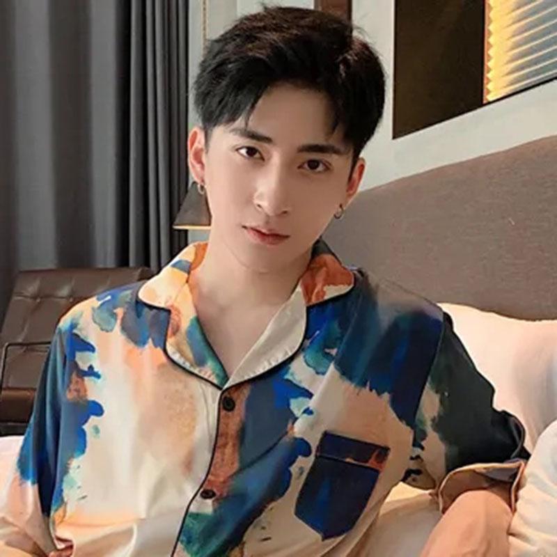 Pajamas Men's Spring and Summer Ice Silk Thin Long-sleeved Suits Spring and Autumn Silk Men's Simulation Silk Summer Home Clothes