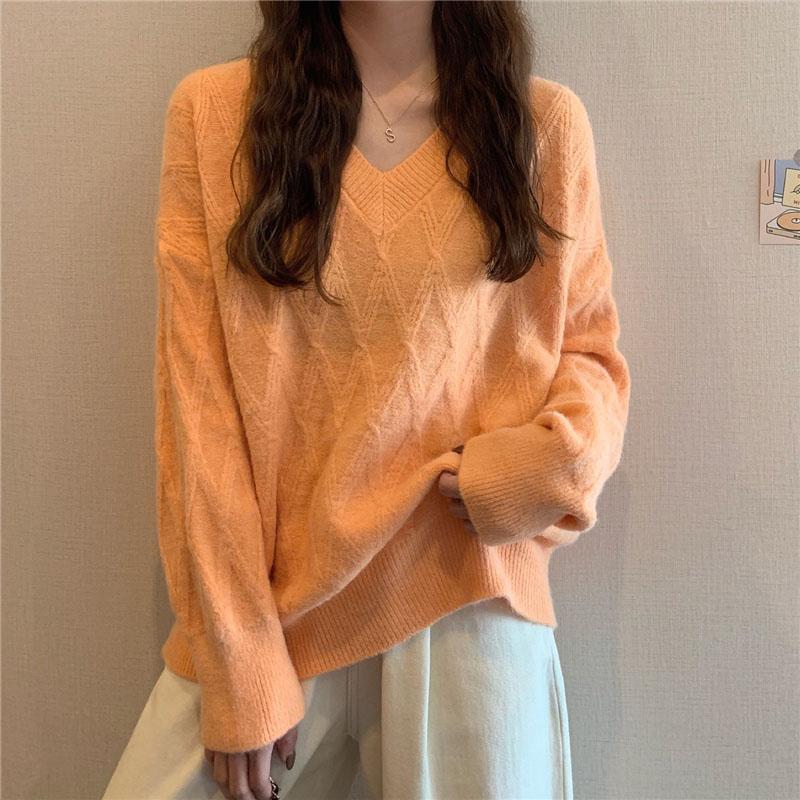 Winter Women Sweaters Oversized Loose V Neck Long Sleeve Pullover Sweater Pink Fashion Korean Fall Jumper Plus Size Casual Warm Fall Argyle Sweater