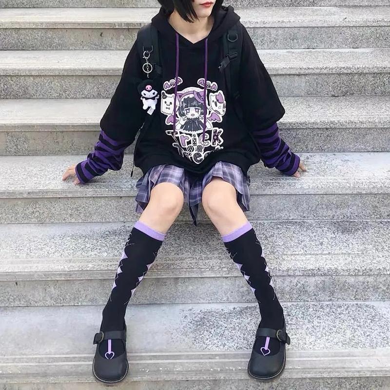 Autumn Winter Sweatshirts Women Anime Pullover Hoodies Fake Two Piece Striped Sleeve Oversized Loose Fashion Black Sportshirts Hip Hop Hooded Tops