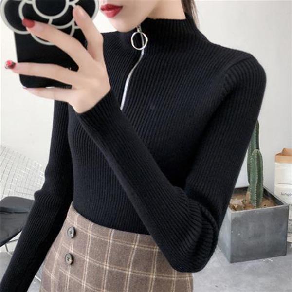 Fall/winter Core-spun Yarn Knitted Sweater Solid Color Zipper Slim Top Women