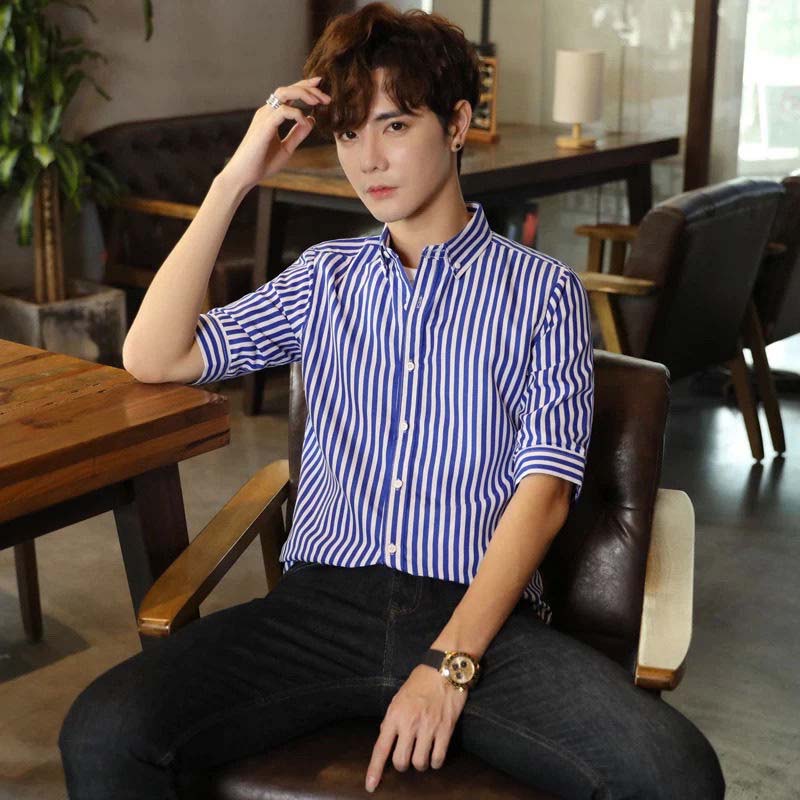 Spring and Summer Men's Mid-sleeve Striped Shirt Young Men's Summer Half-sleeve Casual Shirt