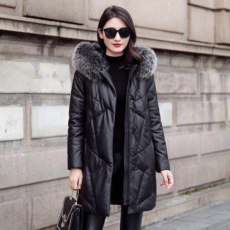 Winter Mid-length PU Leather Leather Coat Imitation Fox Fur Collar Loose Thick Fur Fashion Hooded Down Cotton Leather Coat for Women