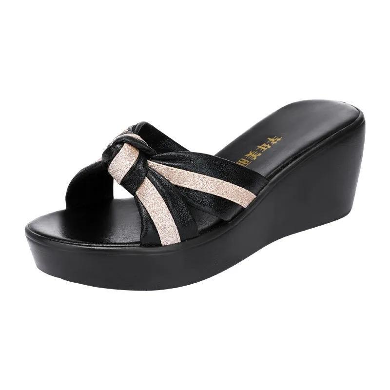 Female Large Size Soft Sole Middle Heel Slippers Women Summer Thick Wedge Heel Fish Mouth Outerwear Slippers