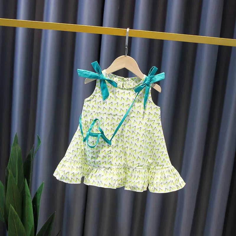 Children Dress Girls' Summer Thin Drawstring Dress Floral Printing Sleeveless Bow Ruffle Princess Dress