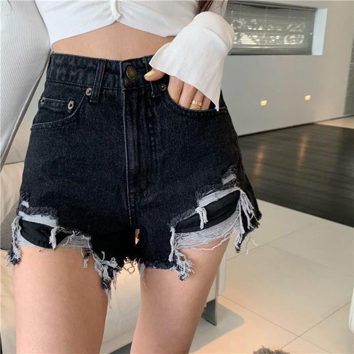 WTEMPO Summer High Waist Hole Denim Shorts Women's Split Irregular Irregular Thin Loose Wide Leg A-pants