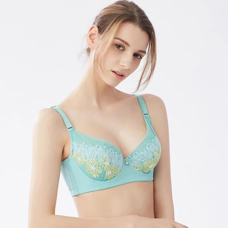 Women's Comfortable Embroidered Underwear Adjustable Bra for Big Breasts Sexy Lace Mesh Floral Gather Straps Brassiere Full Cup Pad Solid Underwear