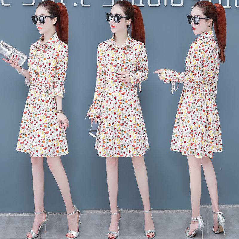 Spring Autumn Plus Size Shirt Dress Slim Mid-length Print Shirt Dress OL Casual A-line Dress with Belt