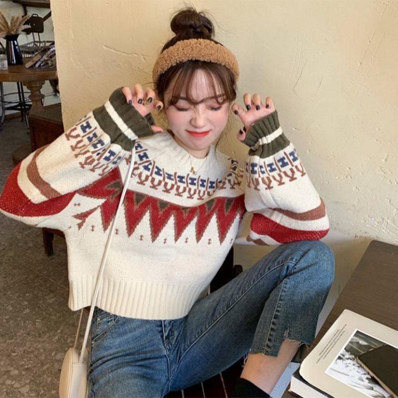 Pofulove women's hooded long-sleeved sweater Loose wind thickening contrast color short sweater