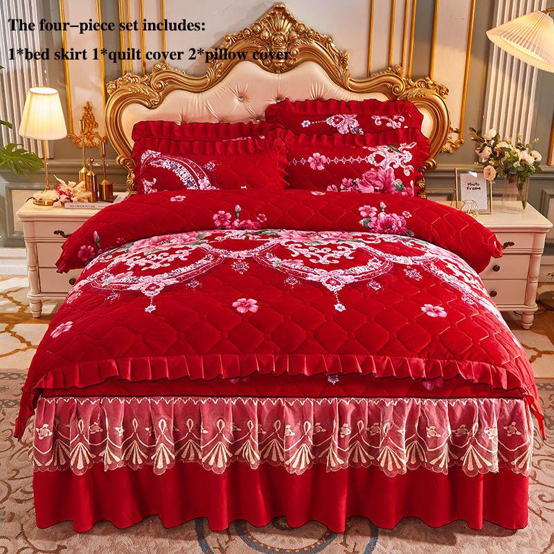 Quilted Crystal Velvet Bed Skirt Four-piece Thick Plus Cotton Bedspread Duvet Cover Bedding Set