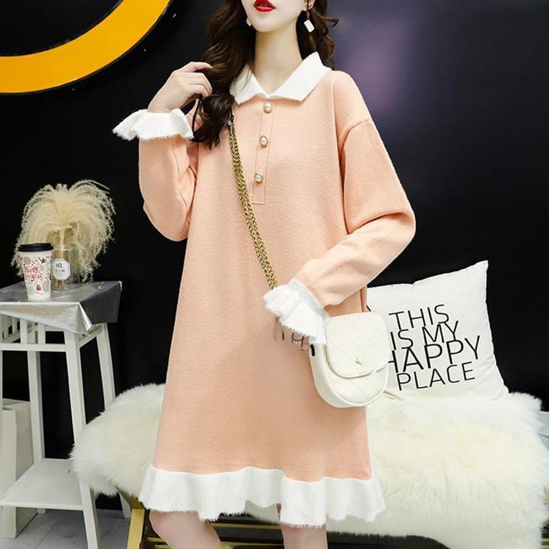 Sweater Skirt Mid-length Autumn and Winter Loose Knitted Dress Doll Collar Jacket Women Winter Knit Sweater Women Sweet and Cute