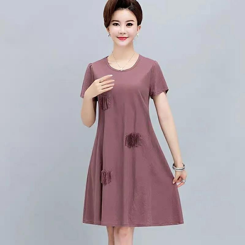 Large Size Loose Simple Style Women's Summer Dress Short Sleeve Round Neck Solid Color Knee-length Daily Wear
