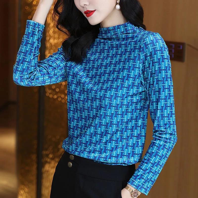 Bottoming Shirt Women's Spring and Autumn Thin Print Slim Half Turtleneck Letter Top T-shirt