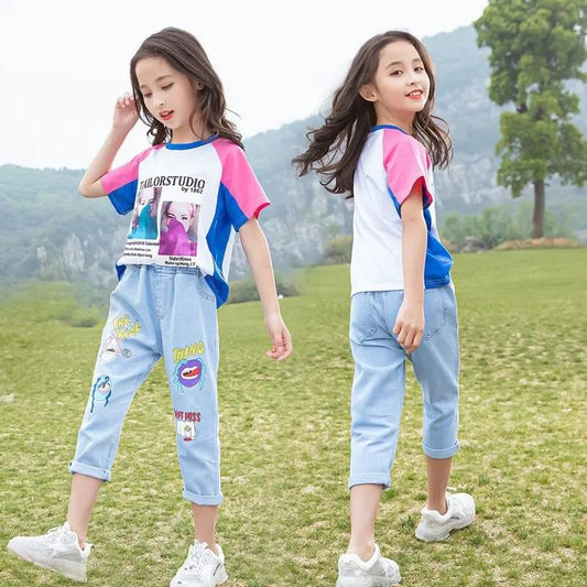 Summer Girls Suits Fashionable Children's Clothing Two-piece Printed Short Sleeve T-shirt+ Denim Pants
