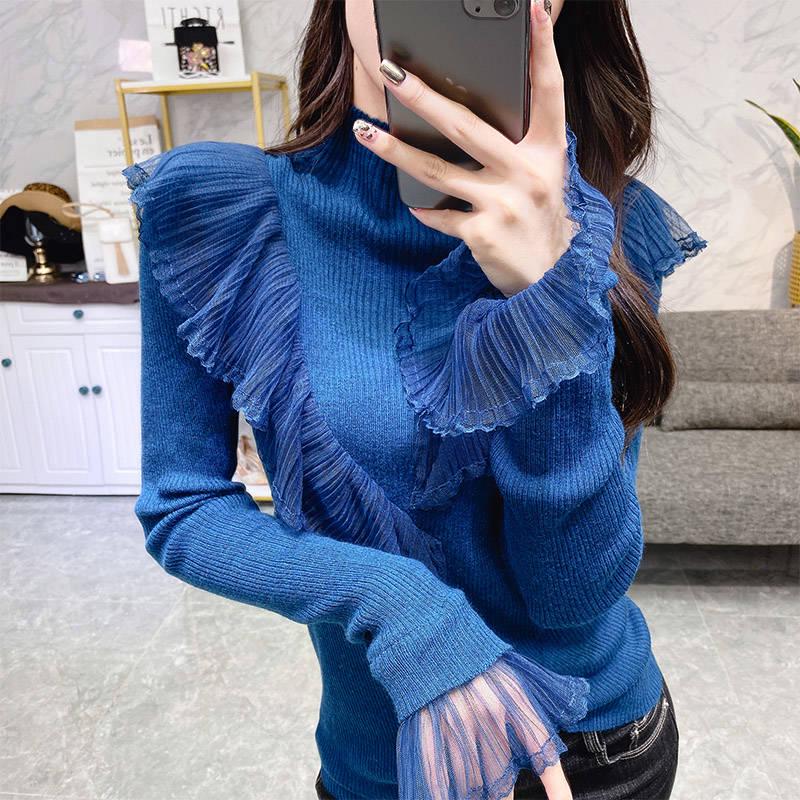 Pofulove Women Sexy Lace Ruffles Jumper Turtleneck Slim Knitwear Solid Color Base Knitted Sweaters