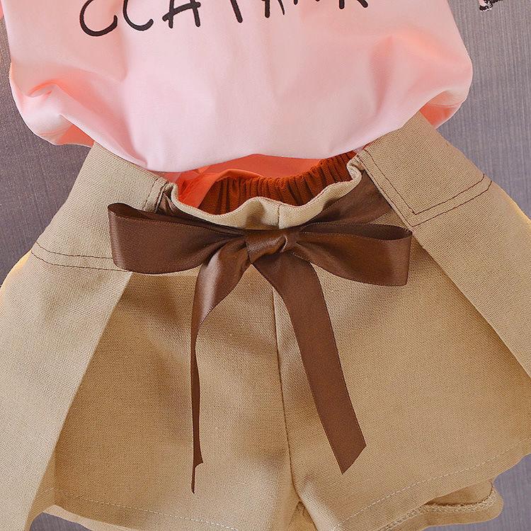 2PCS Children Clothing Set Spring Summer Solid Color Girls Suits Printing Short Sleeve Tops + Short Clothing Set