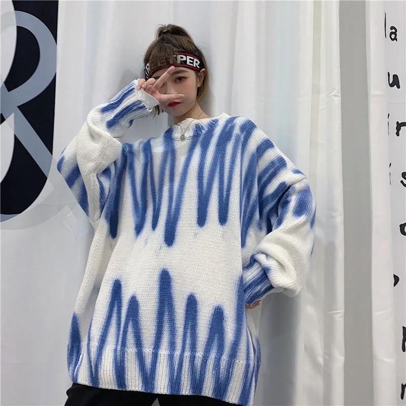 Print Knitted Sweater Women Elegant Striped Oversized Pullovers Women Spring Loose Long Sweaters Streetwear Knitted Coat