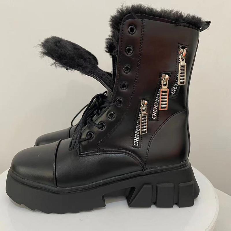 Women Winter Shoes Ankle Boots Leather Warm Plush Snow Boots Female Shoes Woman Chunky Platform Booties White Black