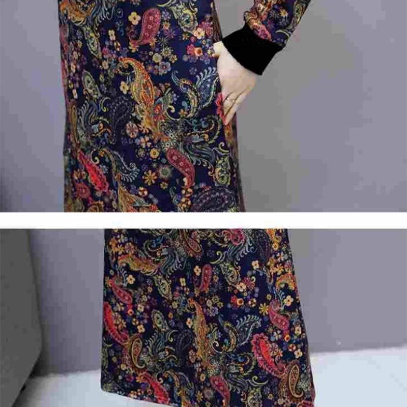 Pofulove Retro Plus Velvet Dress Female Turtleneck Over Knee Long Skirt Plus Size Cover Belly Fat