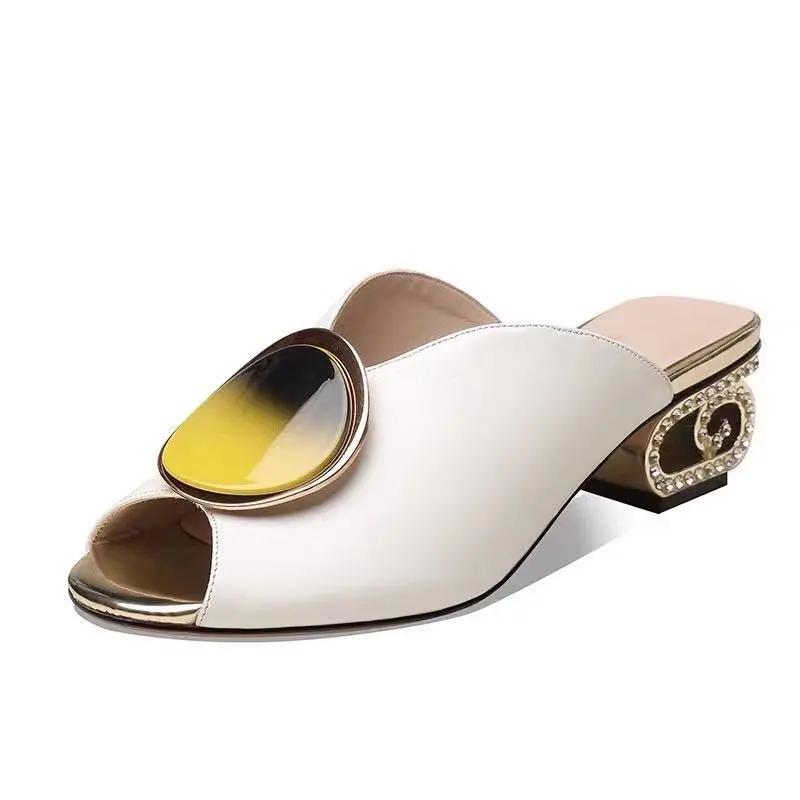 One-word Slippers Women's Summer Thick Heels Fashion Sandals and Slippers Women's Open-toe Half Slippers All-match Outer Wear Middle Heel  Shoes