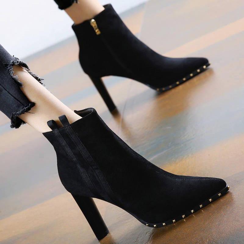 Autumn Winter Thick with High-heeled Ankle Boots Women Plus Velvet Pointed Short Boots Martin Boots