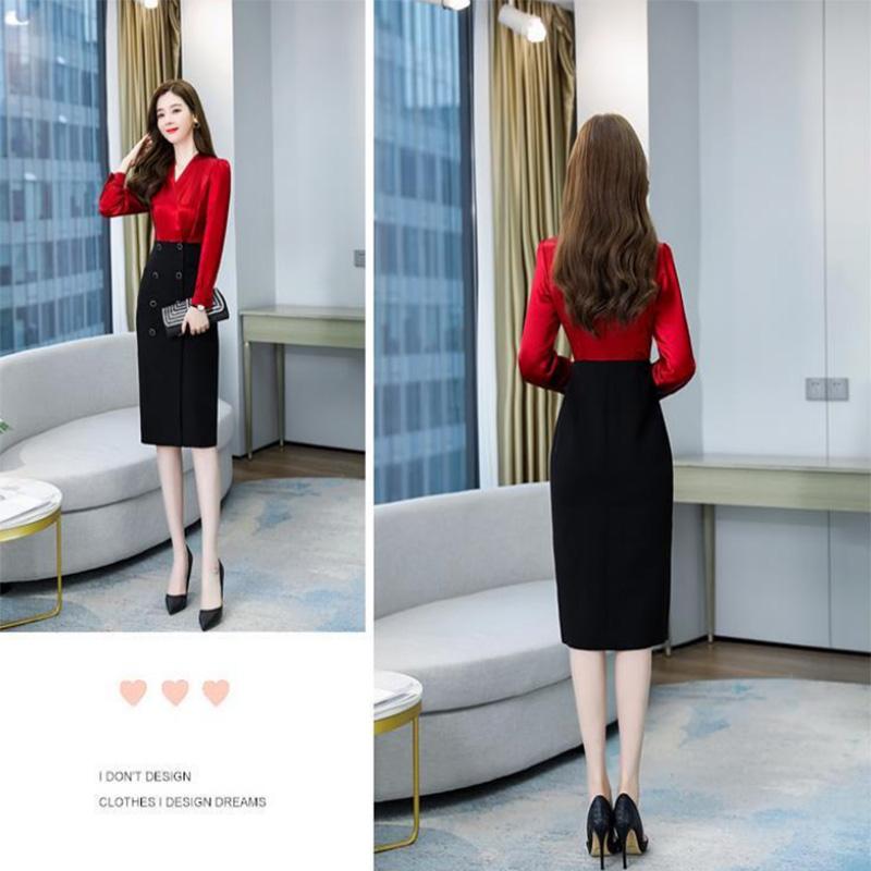 V-neck Dress Female Temperament Fake Two-piece Waist-reducing Age Thin Stitching Package Hip Skirt