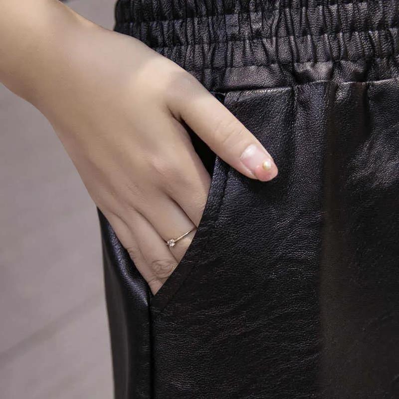 Autumn and Winter Pu Leather Shorts Women's Elastic Waist Large Size Loose Wide-leg Pants Lace Edge Bottoming A-line Boots Pants